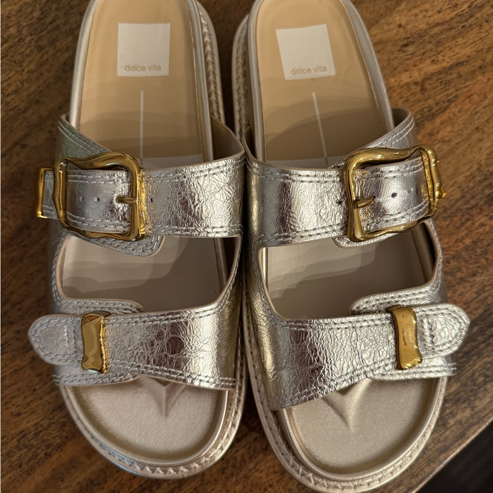 Dolce Vita Metallic Silver Slides with Double Gold Buckles